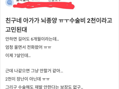 친구네 아가가 뇌종양 수술비 2천이라고 고민된대