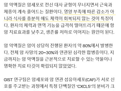 암 환자에 치명 ‘근육·체중 감소’ 원인 밝혔다…GIST연구팀 세계 최초