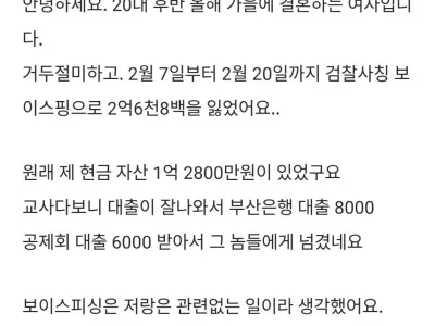 보이스피싱 당해 2억 6800만원 잃은 28살 교사