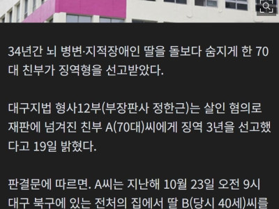 34년간 돌본 지적장애인 딸 숨지게 한 70대 친부 징역 3년.