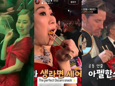 '케데헌' 매기 강, 오스카 시상식에 생라면 반입..음식 안 줘서 드레스에 숨겼다네요.