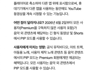 유튜브, 6월 2일부터 PIP 기능 무료화
