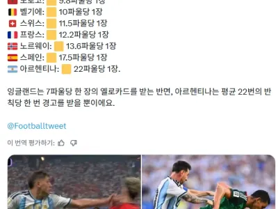 아르헨티나는 파울 22개당 경고 1장이다