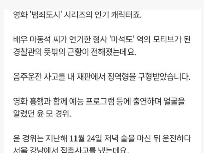 ‘범죄도시’ 마석도 모델 경찰, 징역 위기
