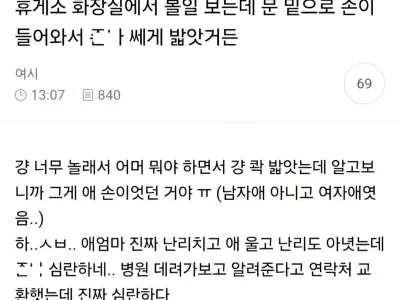 화장실 문 밑으로 손이 들어와서 ㅈㄴ쎄게 밟았거든